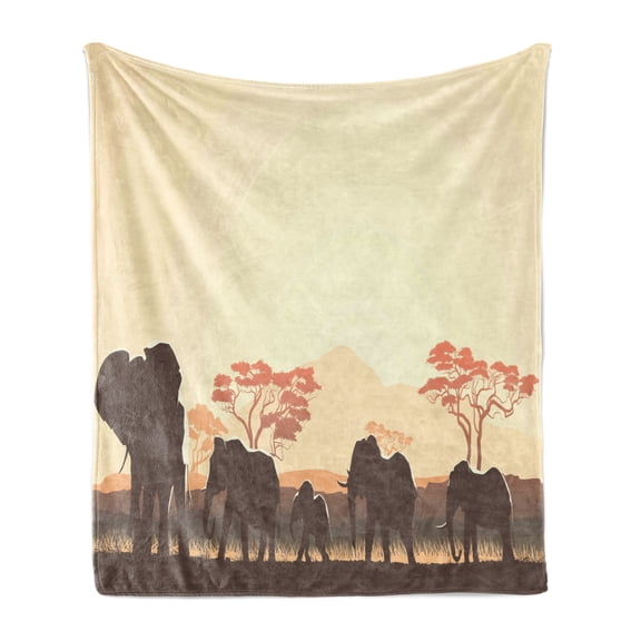 Africa Soft Flannel Fleece Throw Blanket, Wildlife Safari Big Animalin Forest with Lake Nature Scene, Cozy Plush for Indoor and Outdoor Use, 60" x 80", Pale Yellow Brown, by Ambesonne