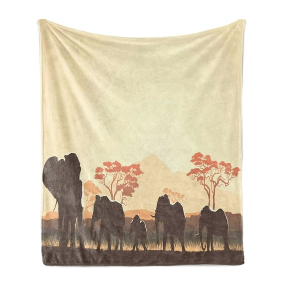 Africa Soft Flannel Fleece Throw Blanket, Wildlife Safari Big Animalin Forest with Lake Nature Scene, Cozy Plush for Indoor and Outdoor Use, 60" x 80", Pale Yellow Brown, by Ambesonne