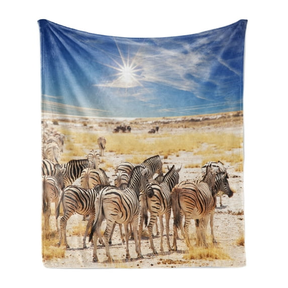 Africa Soft Flannel Fleece Throw Blanket, Zebras in Savannah Desert Waterhole on Hot Day Africa Safari Adventure Land Print, Cozy Plush for Indoor and Outdoor Use, 60" x 80", Multicolor, by Ambesonne