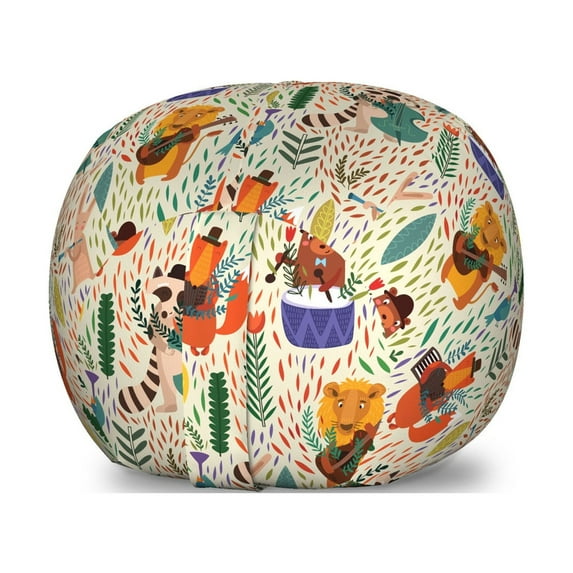 Africa Storage Toy Bag Chair, Jungle Band with Instrument Playing Animals Lion Bear and Hare with Leaves Backdrop, Stuffed Animal Organizer Washable Bag, Large Size, Multicolor, by Ambesonne