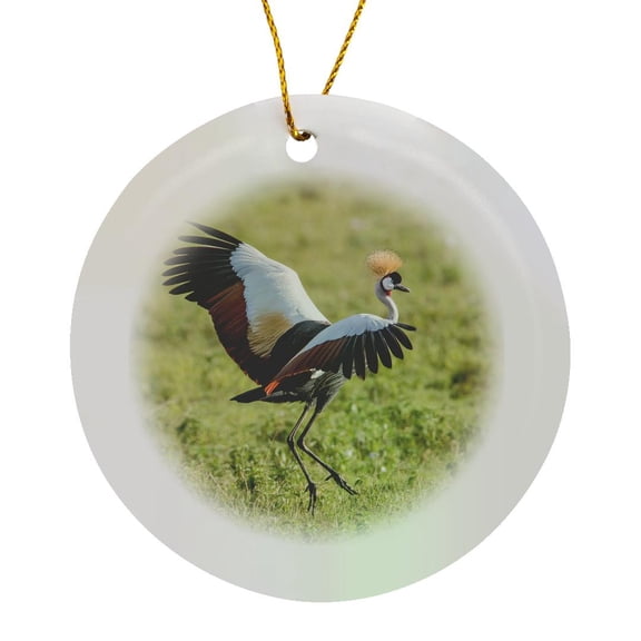 3drose, Africa, Tanzania, Ngorongoro Crater. Grey Crowned Crane Dancing, Circle Porcelain Ornament