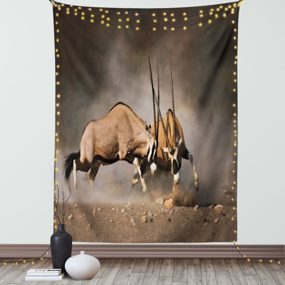 Africa Tapestry, Fight Between Two Gemsbok on Plains of Etosha Namibia Savage Safari Theme Design, Wall Hanging for Bedroom Living Room Dorm Decor, 40W X 60L Inches, Brown Tan, by Ambesonne
