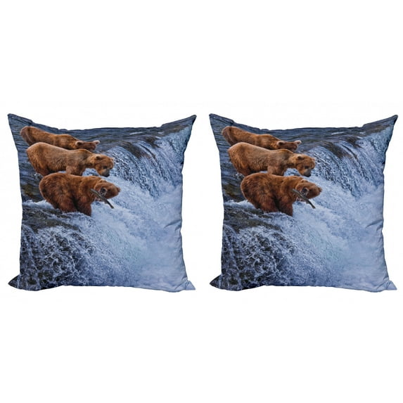 Ambesonne Animal Throw Pillow Cover 2 Pack, Wild Bear Fish Nature, 18", Brown White
