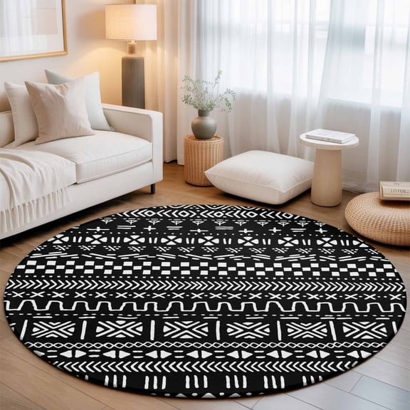 Africa Traditional Ethnicity Pattern Round Rug 5ft Abstract Geometric Art Washable Area Rugs for Living Room Bedroom Entryway Non Slip Entrance Door Mat Indoor Floor Carpet