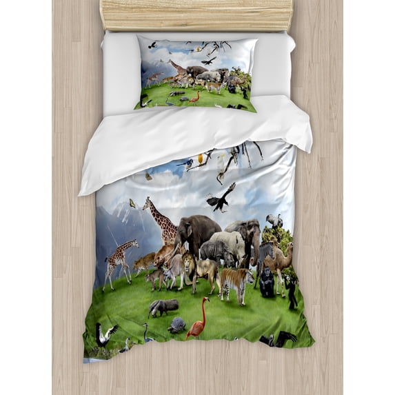Africa Twin Size Duvet Cover Set, Tropic Animal Collage in the Valley with Lion Parrot Swans Elephants and Flamingos, Decorative 2 Piece Bedding Set with 1 Pillow Sham, Multicolor, by Ambesonne