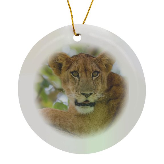 3drose, Africa, Uganda, Ishasha. Lioness in Tree, Resting on Branch, Circle Porcelain Ornament