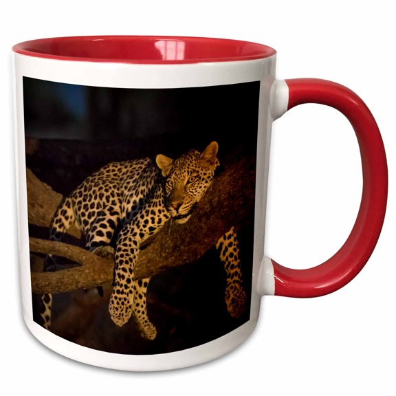 3drose, Africa, Zambia. Leopard in Tree at Night., 11oz Two-tone Red Mug