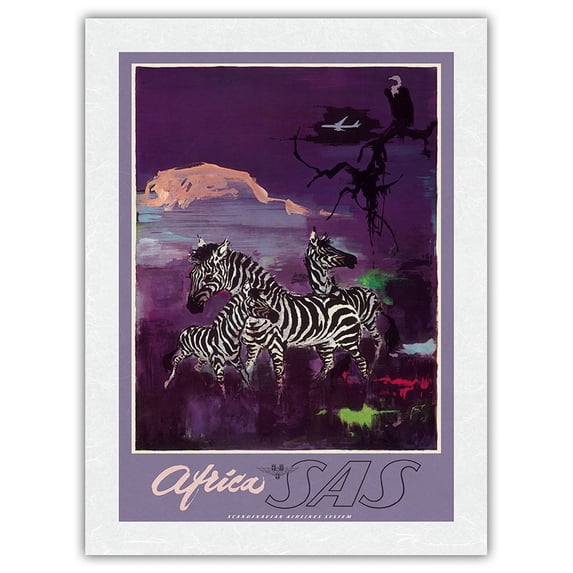 Africa - Zebras - Mount Kilimanjaro - SAS Scandinavian Airlines System - Vintage Airline Travel Poster by Otto Nielsen c.1960s - Japanese Unryu Rice Paper Art Print 24 x 32 in