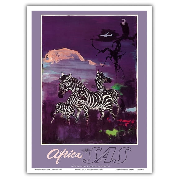 Africa - Zebras - Mount Kilimanjaro - SAS Scandinavian Airlines System - Vintage Airline Travel Poster by Otto Nielsen c.1960s - Master Art Print (Unframed) 9in x 12in