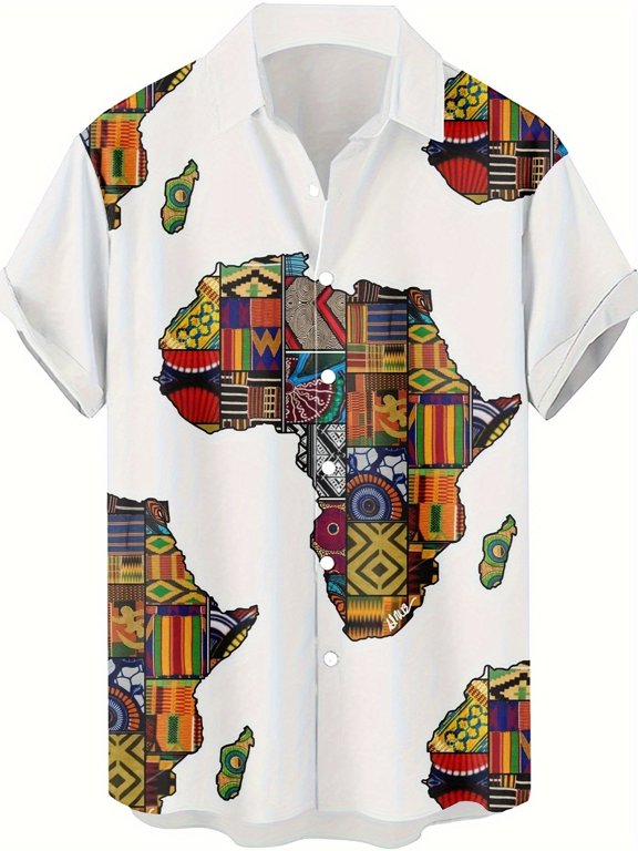 Africa map print Hawaiian short-sleeved casual shirt, men's button-down lapel shirt