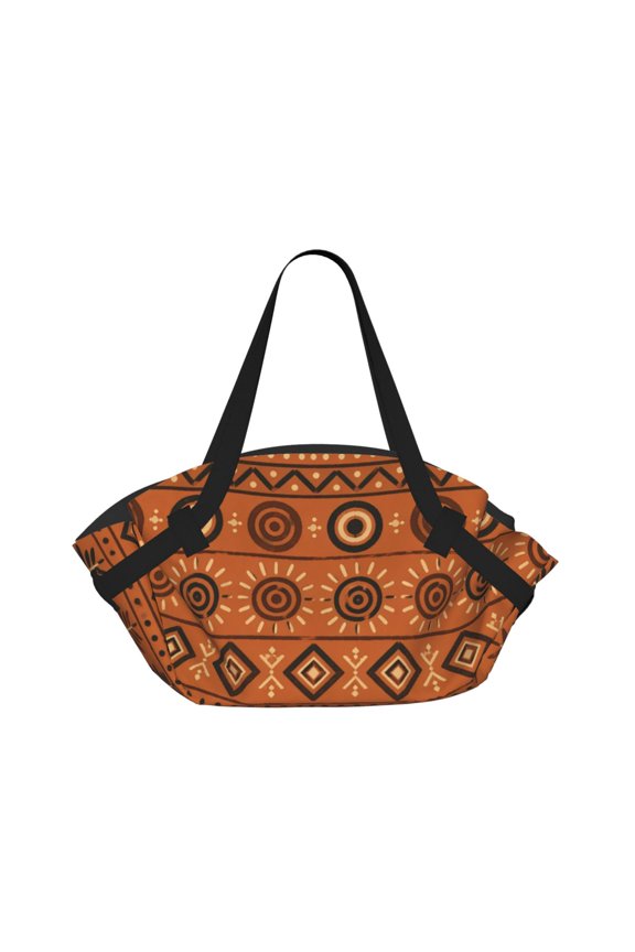 African Adinkra Symbol Pattern 2-in-1 Foldable Picnic Blanket Tote Bag Shoulder Handbag, Large Circular Outdoor Mat for Beach Camping Park