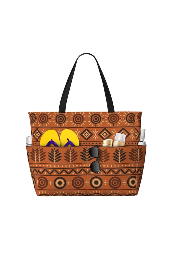 African Adinkra Symbol Pattern Large Capacity Beach Travel Tote Bag Shoulder Handbag for Gym Camping Shopping