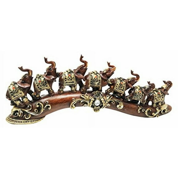 African Adorned Elephant Herd On Great Migration Journey Figurine In Dark Mahogany Finish