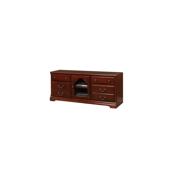 African Adventure TV Stand 58" x 19" x 26" Cherry Brown TV Media Console with Glass Door and 6 Drawers in a Timeless Classic Design