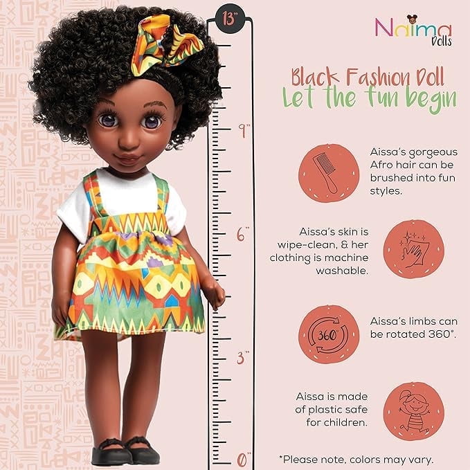 African American Barbie Doll with Realistic Natural Hair, Fashion Style and Accessories for Age 3+ by NaimaDolls