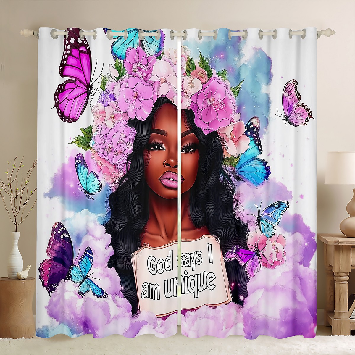 African American Black Girls Blackout Curtains Blue Purple Butterfly 