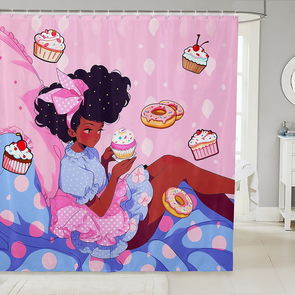Black Girl Shower Curtain, Retro African American Colorful Floral Red Rose Black Woman Bathroom Decor Oil Painting Aesthetics Flower Fabric Afro Lady