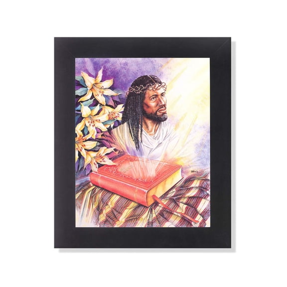 African American Black Jesus Sun Illuminating Black Jesus and Bible Religious Wall Picture Framed Art Print