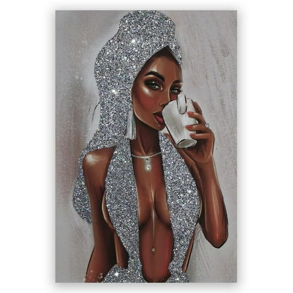 African American Black Women Wall Art Decor Women's Popular Canvas Painting Black Woman Silver Glitter Textured Canvas Print Posters