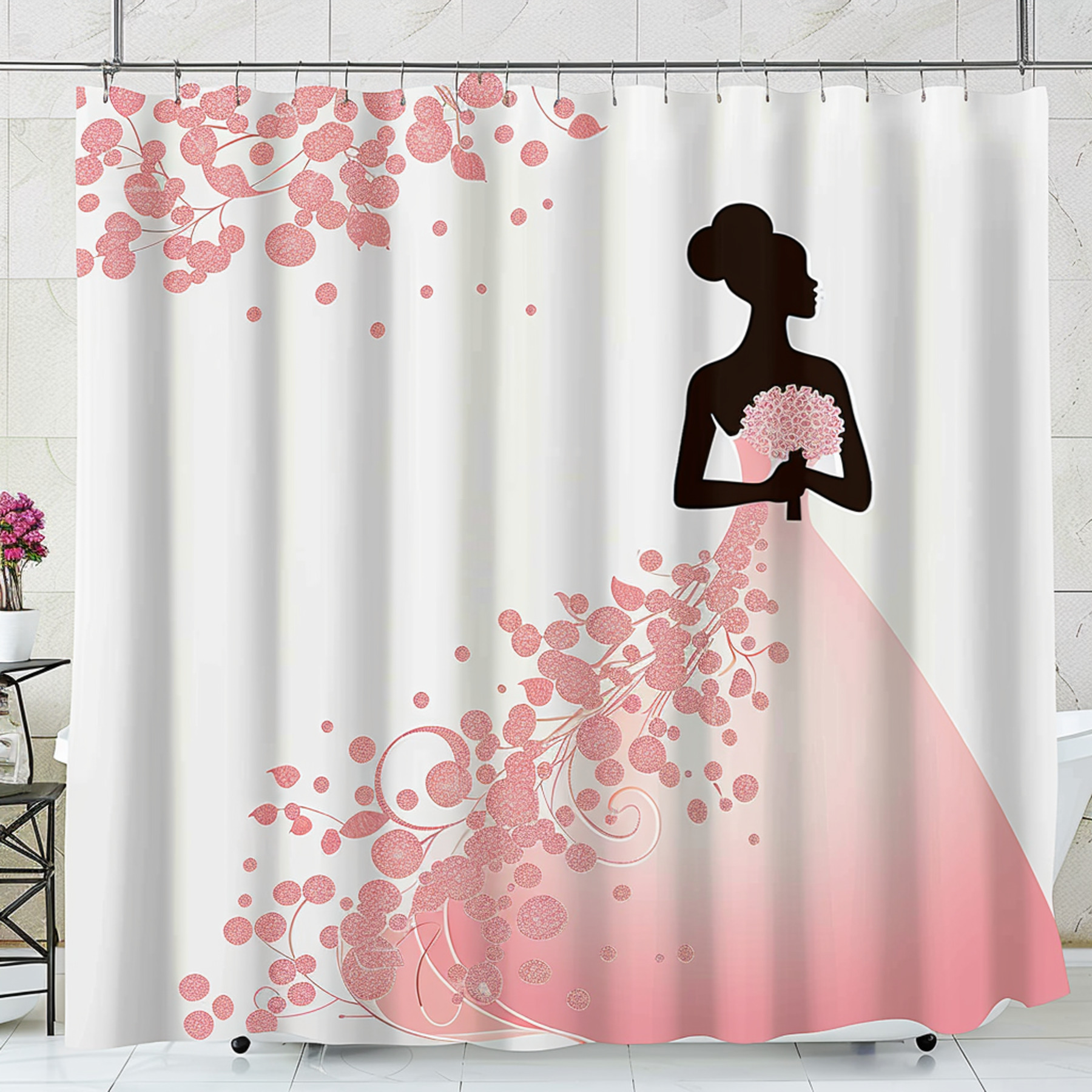 African American Bride Silhouette Wedding Shower Curtain Pink Cream