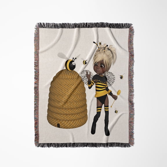 African American Bumble Bee Fairy And Honey Pot Floral, Woven Blanket