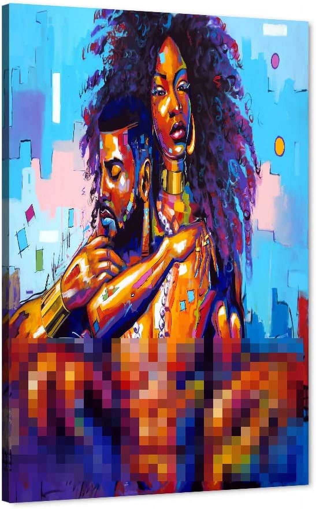 African American Canvas Art Print,Black Love King and Queen Wall Art Sexy Lover  Paintings for Wall,Egyptian Crown Framed Poster Drawing for Master Bedroom  Living Room Decor (12