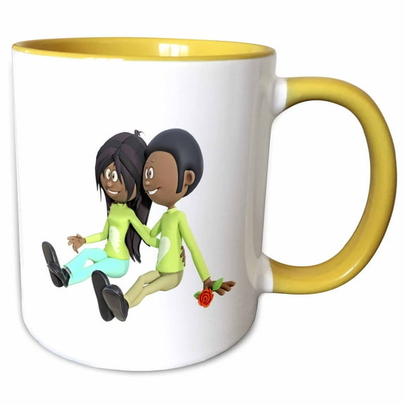 3drose, African American Cartoon Couple Sitting and in Love, 11oz Two-tone Yellow Mug