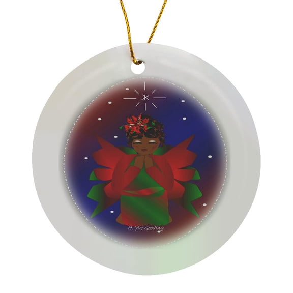 African-American Christmas Angel Baby Girl Praying , Circle Porcelain Ornament