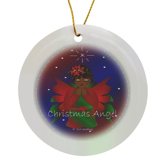 3drose, African-american Christmas Angel Baby Girl Praying with Christmas Angel Text, Circle Porcelain Ornament