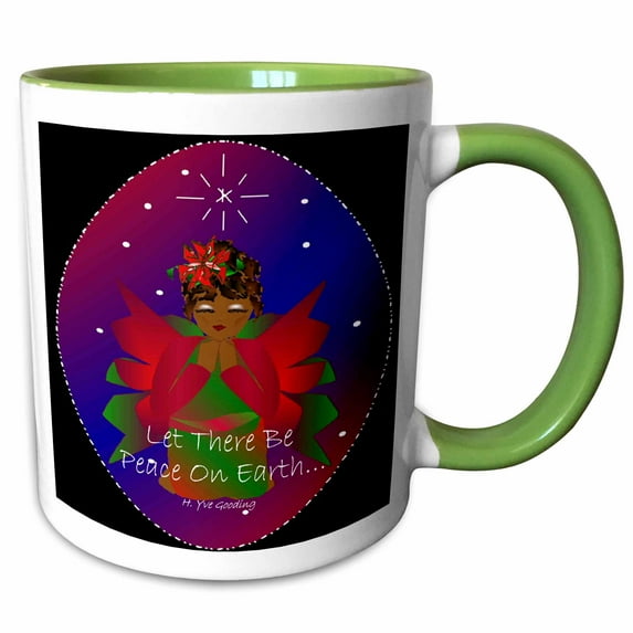3drose, African-american Christmas Angel Baby Girl Praying with Let There Be Peace on Earth Text, 11oz Two-tone Green Mug