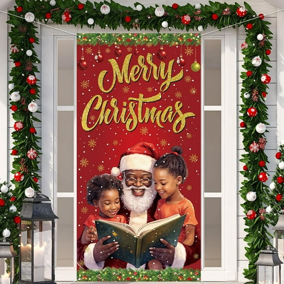 African American Christmas Door Cover Black Santa Photo Backdrop 71x35 Inches Winter Holiday Party Decorations Home Supplies