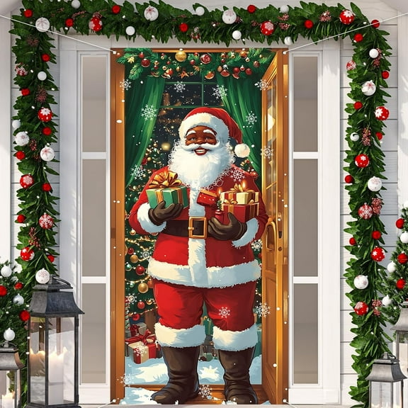 African American Christmas Door Cover Black Santa Photo Backdrop 71x35 Inches Winter Holiday Party Decorations Home Supplies