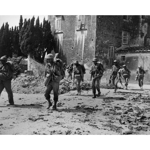 African American Combat Soldiers On Patrol Near Bombed Buildings History (24 x 18)