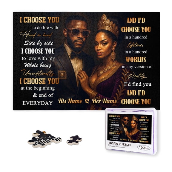 African American Couple Personalized 1000 Piece Jigsaw Puzzle – Black King Queen I Choose You, Black Love Custom Names Romantic Gift for Wedding, Anniversary, or Valentine's Day