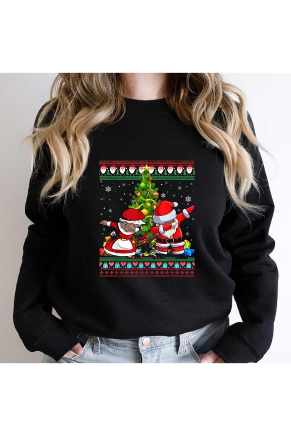 African American Dabbing St. Nick Mrs. Claus Funny Christmas Tree Graphic SW3752 Unisex Sweatshirt, Up to Size 5XL