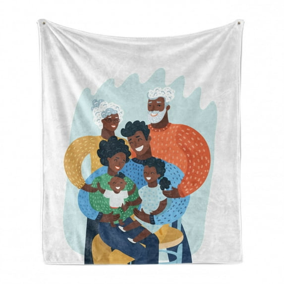 African American Family Soft Flannel Fleece Throw Blanket, Happy Cozy and Multi-Generation Family Scene, Cozy Plush for Indoor and Outdoor Use, 50" x 70", Baby Blue and Multicolor, by Ambesonne