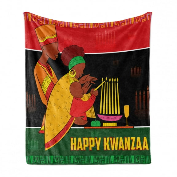 African American Family Soft Flannel Fleece Throw Blanket, Happy Kwanzaa Calligraphic Illustration Celebration of Holiday, Cozy Plush for Indoor and Outdoor Use, 70" x 90", Multicolor, by Ambesonne