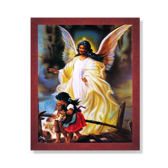 African American Guardian Angel Watching Over Children Vivid Art Print 16x20 Cherry Frame + Glass