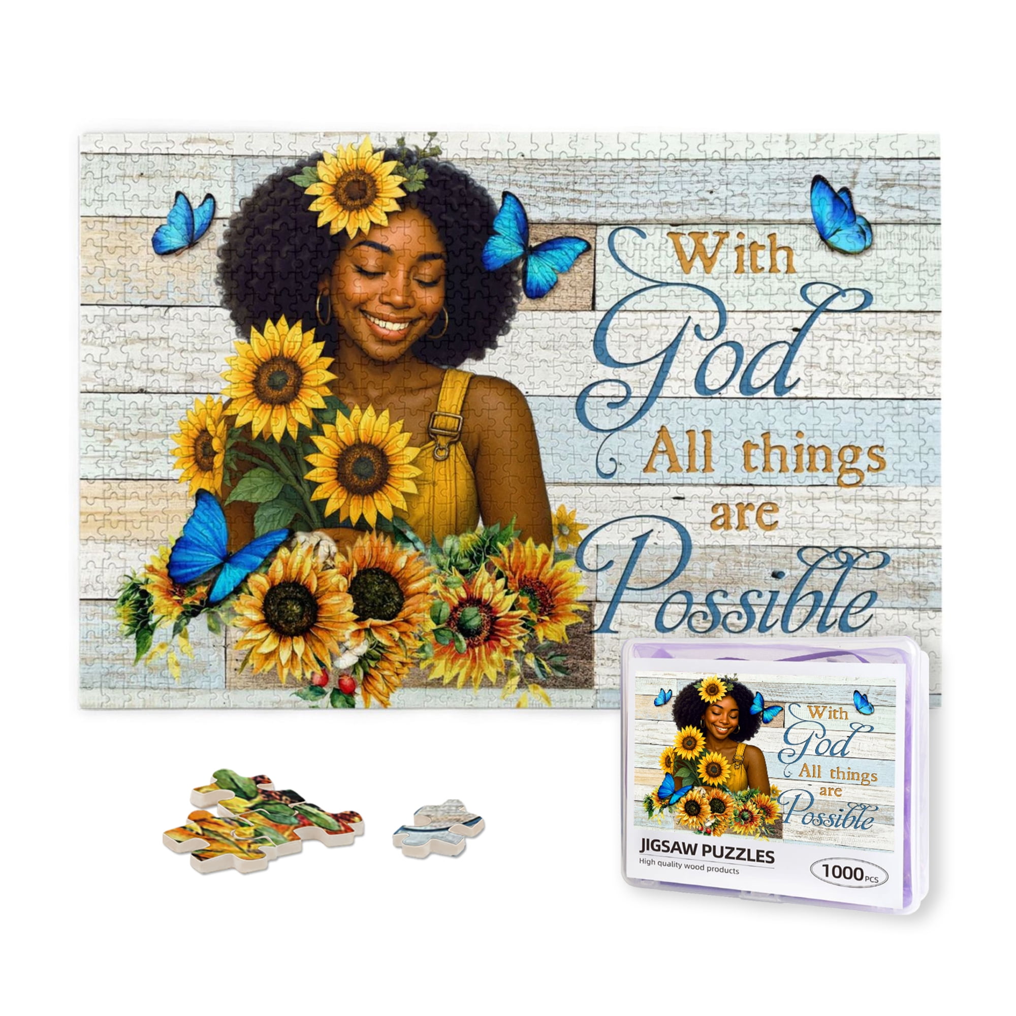 African American Inspirational 1000 Pieces Jigsaw Puzzles Black Queen Motivational Jigsaw Puzzles Black Women Sunflower with God All Things Are Possible
