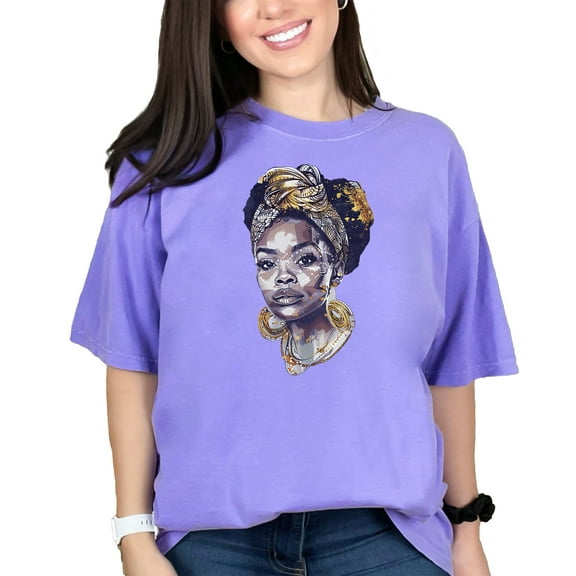African-American Lady or Woman T-Shirt, Afrocentric Art Tee, Natural Hair Shirt, Black Culture Apparel, Beautiful Woman Design Top, Violet Comfort Colors T-Shirt, Large
