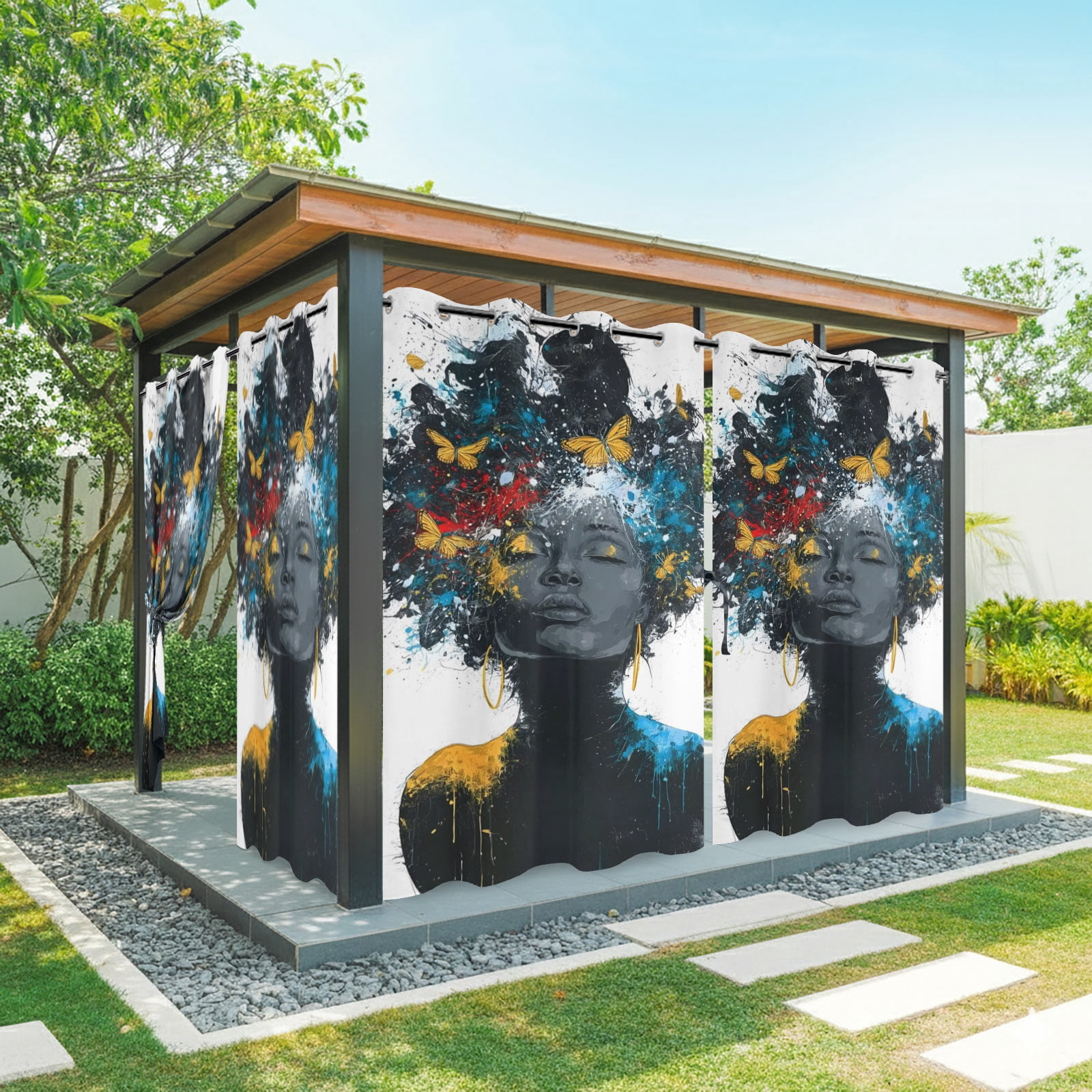 African American Outdoor Curtains for Patio, Female Portrait Butterfly Sparkles Sunshade Privacy Drapes Grommet Waterproof Outside Curtains for Porch/Cabana/Balcony 54"x 108", 1 Panel