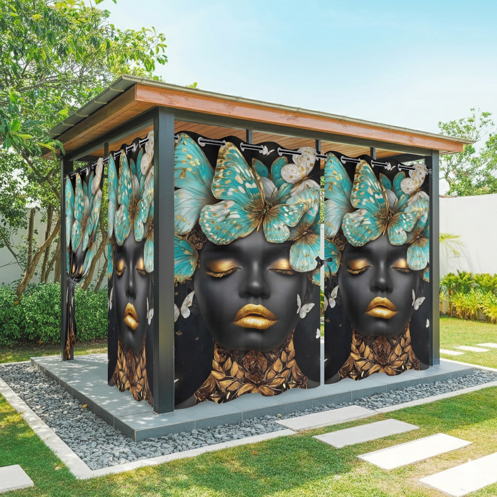 African American Outdoor Curtains for Patio, Woman Portrait Butterfly Luxury Sunshade Privacy Drapes Grommet Waterproof Outside Curtains for Porch/Cabana/Balcony 54"x 108", 1 Panel