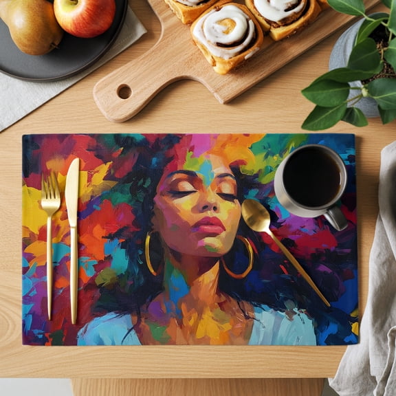 African American Placemats Set of 2, Colorful Splashes Abstract Black Woman Heat Insulated Linen Place Mats, Washable Stain-Proof Table Mats for Dining Tables Holiday Decor 13x19 Inches