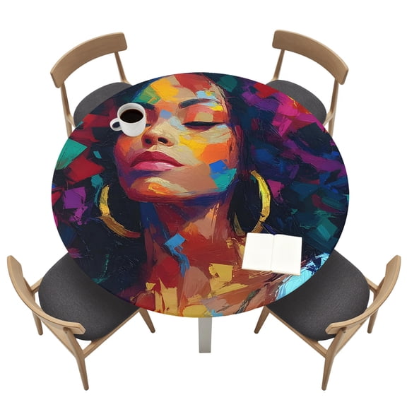African American Round Fitted Table Cover Colorful Abstract Black Woman Waterproof Table Cloth with Elastic Edge Wipeable Tablecloth for Picnic Camping Party Fits 36"-44" Tables