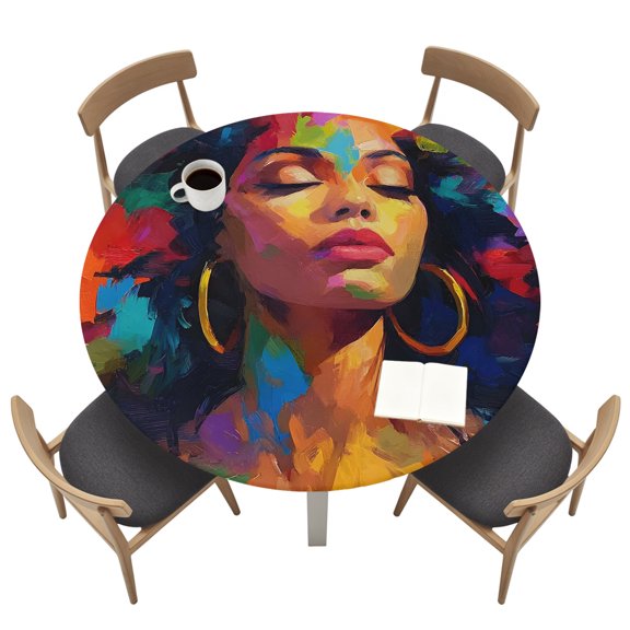 African American Round Fitted Table Cover Colorful Splashes Abstract Black Woman Waterproof Table Cloth with Elastic Edge Wipeable Tablecloth for Picnic Camping Party Fits 36"-44" Tables