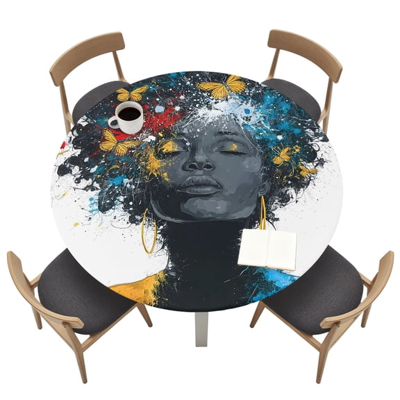 African American Round Fitted Table Cover Female Portrait Butterfly Sparkles Waterproof Table Cloth with Elastic Edge Wipeable Tablecloth for Picnic Camping Party Fits 36"-44" Tables
