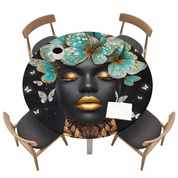 African American Round Fitted Table Cover Woman Portrait Butterfly Luxury Waterproof Table Cloth with Elastic Edge Wipeable Tablecloth for Picnic Camping Party Fits 36"-44" Tables