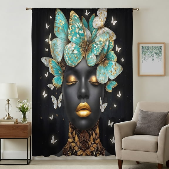 African American Sheer Curtains 63 Inch Length for Bedroom, Black Women Portrait Abstract Butterfly Light Filtering Privacy Drapes, Breathable Semi Sheer Window Treatment for Kitchen Dining Room