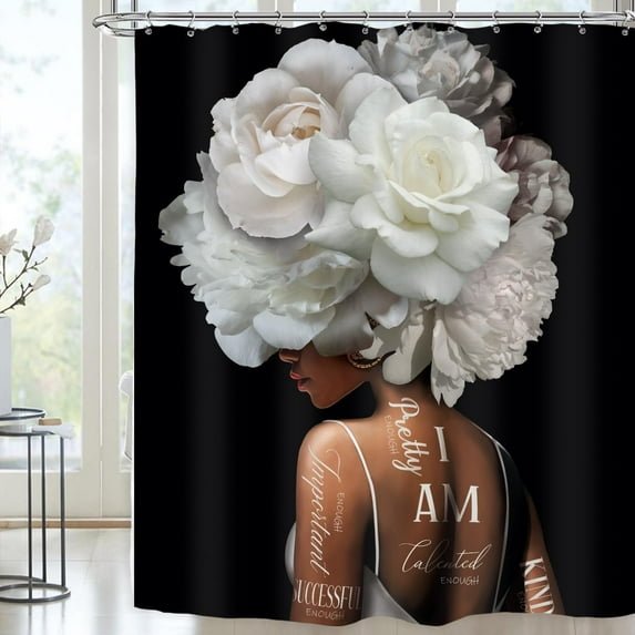 African American Shower Curtain 60Wx72H Inch Black Girl Woman Shower Curtains White Floral Queen Peony Flower Rose Quotes Modern Bathroom Decor Fabric Polyester Waterproof 12 Pack Hooks