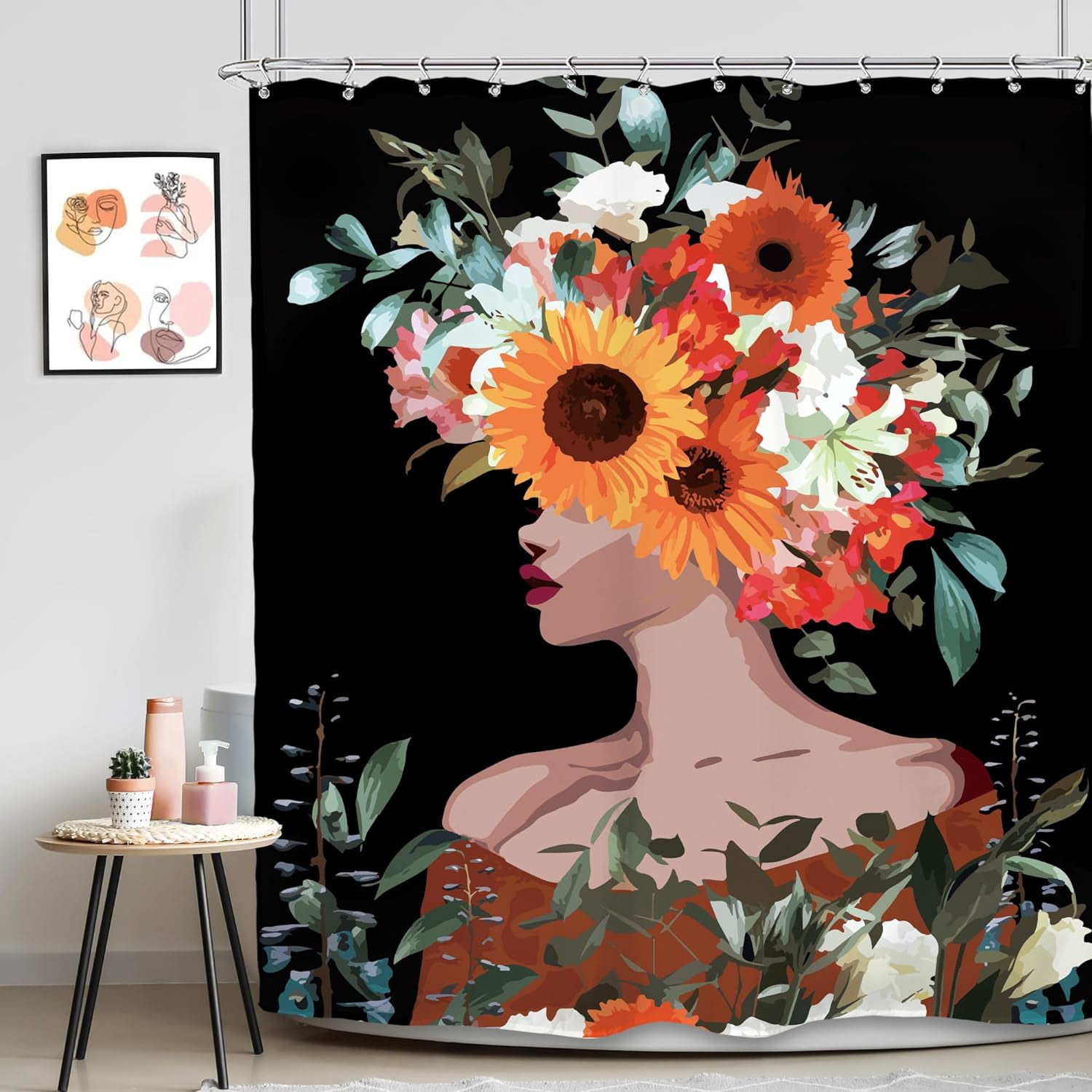 African American Shower Curtain 60Wx72L Inch Black Woman Girl Flower